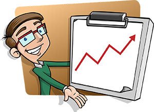 Cartoon graphic of person in green sweater wearing red glasses holding a clipboard showing a red arrow point diagonally upward towards the upper right corner